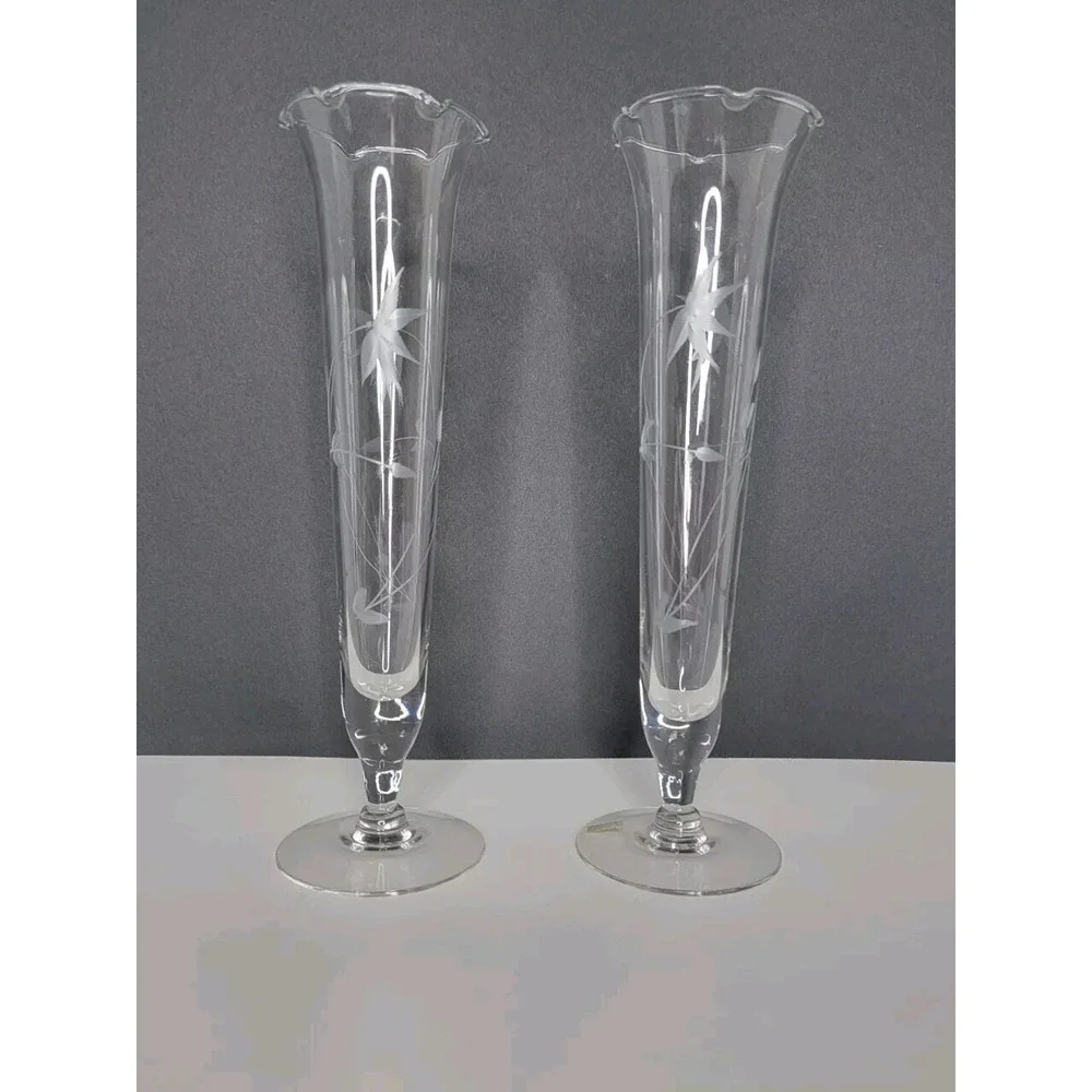 Vintage Etched Glass Bud Vases Pair Ruffled Rim Floral Trumpet Pedestal 10 Inch